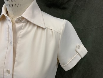 MS. BARCO, White, Polyester, Solid, 1/2 Button Front, Collar Attached, Gathered at Yoke, Short Sleeves, with Button Tab, 2 Hip Pockets,
