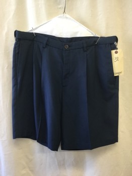 Mens, Shorts, HAGGAR, Navy Blue, Polyester, Solid, 38, Double Pleated, Belt Loops, 4 Pockets,