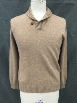 BROOKS BROTHERS, Lt Brown, Wool, Tweed, Shawl Collar Pullover, Long Sleeves, Ribbed Knit Collar/Waistband/Cuff