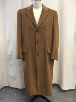 Mens, Coat, Overcoat, ALBERTO BELTRAMI, Camel Brown, Wool, Solid, L, 42, Notched Lapel, Single-Breasted 3 Button Closure, 1 Chest Welt Pocket, 2 Flap Besom Pockets, Back Vent, Below the Knee Length