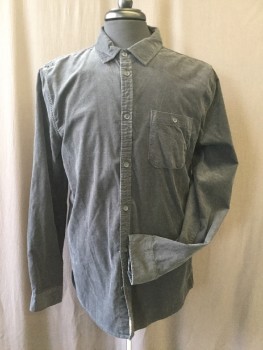 Mens, Casual Shirt, VINTAGE RE-MASTERED, Charcoal Gray, Cotton, Solid, L, Corduroy, Button Front, Collar Attached, Long Sleeves, 1 Pocket,