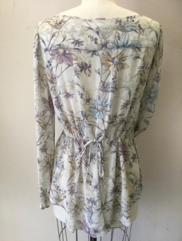 KIMCHI BLUE, Off White, Beige, Lavender Purple, Aqua Blue, Peach Orange, Polyester, Floral, Scoop Neck, Pleated Bib with Button Placket, Long Sleeves with Elastic Cuffs, Loose, Unlined Tunic, Drawstring at Back Waist, Sheer Crepe