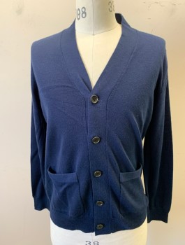 Mens, Cardigan Sweater, J.CREW, Navy Blue, Wool, Solid, S, Knit, Long Sleeves, V-neck, 5 Buttons, 2 Patch Pockets