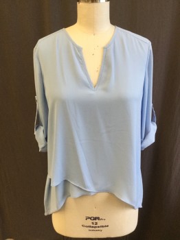ALFANI, Baby Blue, Polyester, Solid, Round V-neck, 3/4 Sleeves with Silver Button & Short Belt, Diagonal Uneven Overlap Hem