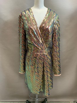 Womens, Cocktail Dress, TED BAKER, Gold, Iridescent Blue, Iridescent Green, Polyester, Stripes - Diagonal , B34, 2, W28, All Over Iridescent Sequins, Surplice Neckline, Long Sleeves, Pleated at Center Waist, Hem at Knee