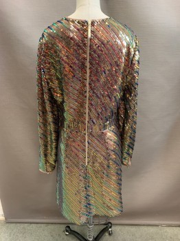 TED BAKER, Gold, Iridescent Blue, Iridescent Green, Polyester, Stripes - Diagonal , All Over Iridescent Sequins, Surplice Neckline, Long Sleeves, Pleated at Center Waist, Hem at Knee
