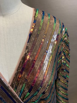 TED BAKER, Gold, Iridescent Blue, Iridescent Green, Polyester, Stripes - Diagonal , All Over Iridescent Sequins, Surplice Neckline, Long Sleeves, Pleated at Center Waist, Hem at Knee