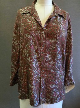 Womens, Blouse, Charter Club, Rust Orange, Green, Olive Green, White, Black, Silk, Paisley/Swirls, 18w, Button Front, V-neck, Collar Attached, Long Sleeves,