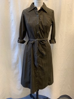 LOFT ANN TAYLOR, Dk Olive Grn, Cotton, Corduroy, Collar Attached, Button Front, Adjustable Long Sleeves, 2 Pockets, with Belt