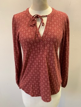Womens, Top, LUCKY BRAND, Brown, Coral Orange, Cream, Cotton, Diamonds, XS, Jersey, Long Sleeves, Round Neck with V Notch, Self Ties, Pullover, Elastic Cuffs