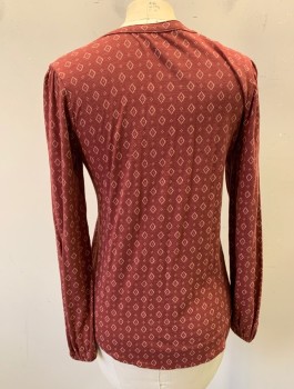 Womens, Top, LUCKY BRAND, Brown, Coral Orange, Cream, Cotton, Diamonds, XS, Jersey, Long Sleeves, Round Neck with V Notch, Self Ties, Pullover, Elastic Cuffs