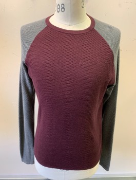 THEORY, Red Burgundy, Gray, Cotton, Solid, Waffle Knit, Contrasting Gray Raglan Sleeves, Crew Neck