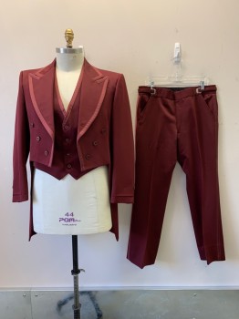 Mens, Hotel 3 Piece, After Six, Red Burgundy, Polyester, Wool, Solid, 46, Hotel Jacket, L/S, 6 Buttons, Peaked Lapel, Back Tail with Vent