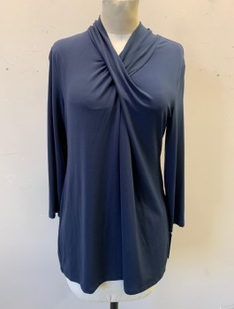Womens, Top, ALFANI, Navy Blue, Polyester, Spandex, Solid, S, Stretchy, Pullover, 3/4 Sleeves, Wrapped/Gathered V-neck, Zipper at Center Back Neck