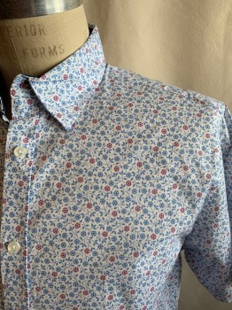 Mens, Casual Shirt, SOCIETY OF THREADS, White, Lt Blue, Mauve Pink, Cotton, Spandex, Floral, M, Button Front, Collar Attached, Collar Attached, Short Sleeves