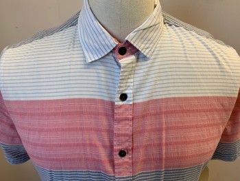 Mens, Casual Shirt, EXPRESS, White, Red, Dk Gray, Lt Gray, Cotton, Stripes - Horizontal , M, Short Sleeves, Button Front, Collar Attached,