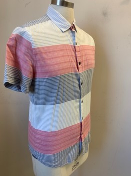 Mens, Casual Shirt, EXPRESS, White, Red, Dk Gray, Lt Gray, Cotton, Stripes - Horizontal , M, Short Sleeves, Button Front, Collar Attached,