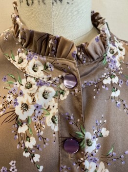 MISS SUGAR, Taupe, Cream, Mauve Purple, Green, Black, Synthetic, Floral, Band Collar with Ruffle, B.F. (One Button Broken), Elastic Waist And Wrists, Hem Mid-calf, Self Tie Belt