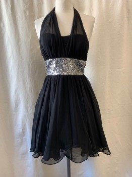Womens, Cocktail Dress, WINDSOR, Black, Polyester, Polyester, S, Halter Neck, Mesh Straps Starting at Waistband, Silver Sequin Waistband, Fit & Flare, Puffy Skirt, Zip Back