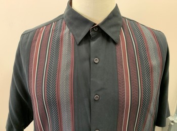Mens, Casual Shirt, NAT NAST, Black, Ivory White, Maroon Red, Silk, Geometric, Stripes - Vertical , C: 52, XL, Button Front, S/S, C.A., Twill