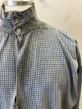 N/L, Blue, Beige, Cotton, Plaid, High Neck, 2 Neck Btns, Puffed L/S, Aged