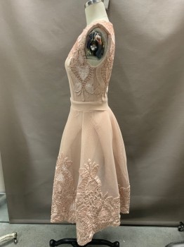 Womens, Cocktail Dress, MAJE, Lt Pink, Polyester, Floral, Geometric, W23, B 32, Foamy Honeycomb Mesh with Heavy Ribbon Embroidery, Slvls, Insert Waistband, Pleated Knee Length Skirt