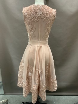 Womens, Cocktail Dress, MAJE, Lt Pink, Polyester, Floral, Geometric, W23, B 32, Foamy Honeycomb Mesh with Heavy Ribbon Embroidery, Slvls, Insert Waistband, Pleated Knee Length Skirt