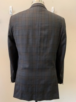 Mens, Sportcoat/Blazer, TED BAKER, Charcoal Gray, Black, Dk Brown, Wool, Plaid, 44L, 2 Buttons, Single Breasted, Notched Lapel, 3 Pockets,