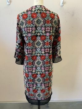 Womens, Dress, Long & 3/4 Sleeve, BCBG MAX AZRIA, Black, Red, Lt Pink, Sage Green, Cream, Polyester, Floral, XS, Sheer Chiffon with Embroidered Pattern, 3/4 Sleeves, Round Neck with V Notch, Shift Dress, Comes with Matching Slip (CF073106)