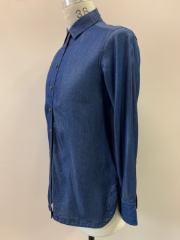 Womens, Blouse, BANANA REPUBLIC, Denim Blue, Lyocell, Solid, S, L/S, Button Front, Collar Attached