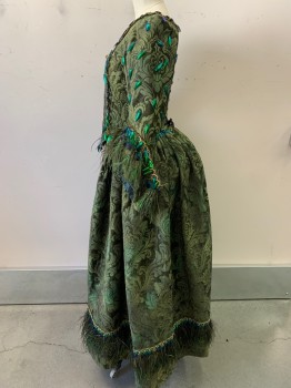Womens, Historical Fict 3 Piece Dress, PERIOD CORSETS, Green, Dk Green, Cotton, Tapestry, Mottled, W24, B32, BODICE- Peacock Feather Trim on Sleeve Cuffs, Pheasant Feathers on Stomacher, Iridescent Beetle Wings, Gold Trim, Lace Up CB, Early 1700s