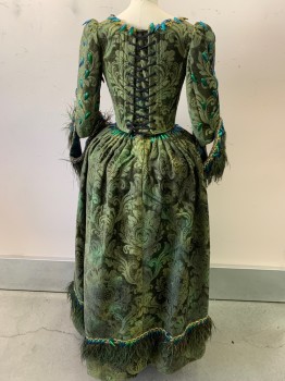 Womens, Historical Fict 3 Piece Dress, PERIOD CORSETS, Green, Dk Green, Cotton, Tapestry, Mottled, W24, B32, BODICE- Peacock Feather Trim on Sleeve Cuffs, Pheasant Feathers on Stomacher, Iridescent Beetle Wings, Gold Trim, Lace Up CB, Early 1700s