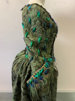 PERIOD CORSETS, Green, Dk Green, Cotton, Tapestry, Mottled, BODICE- Peacock Feather Trim on Sleeve Cuffs, Pheasant Feathers on Stomacher, Iridescent Beetle Wings, Gold Trim, Lace Up CB, Early 1700s