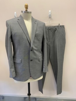 JOS A. BANK, Gray, Polyester, Wool, Heathered, Notched Lapel, Single Breasted, Button Front, 2 Buttons, 3 Pockets