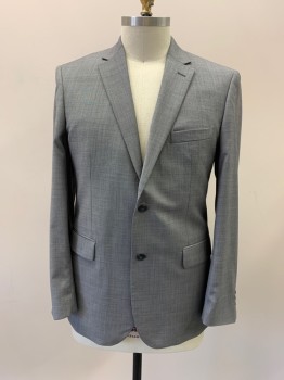 JOS A. BANK, Gray, Polyester, Wool, Heathered, Notched Lapel, Single Breasted, Button Front, 2 Buttons, 3 Pockets