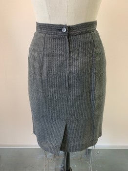 Womens, 1990s Vintage, Suit, Skirt, GIORGIO ARMANI, Black, White, Wool, Stripes, 2 Color Weave, W26, Zip Back, Button Closure, 2 Slant Pockets, Kick Pleat