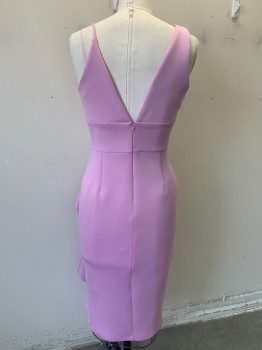 Womens, Cocktail Dress, LAVISH ALICE, Lilac Purple, Polyester, Elastane, Solid, 10, Plunged V Neck Décolletage at Front and Back, Sleeveless with Asymmetric Spaghetti Strap, Below Knee Length, Ruffle Trim at Front, Pencil Skirt Bottom, Open Slit at Front Left Side. Zipper at Center Back