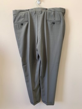 Mens, Slacks, HAGGAR, Gray, Polyester, Solid, L32, W40, Zip Front, Hook N Eye Closure, 4 Pckts, Pleated Front, Cuffed, Creased