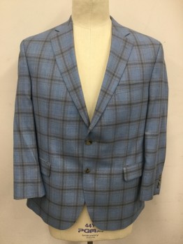 Mens, Sportcoat/Blazer, SAVILE ROW, Lt Blue, Blue, Lt Brown, Wool, Grid , 44R, Single Breasted, Collar Attached, Notched Lapel, 2 Buttons,  3 Pockets