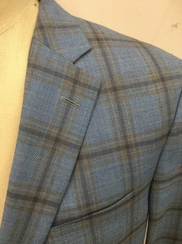 Mens, Sportcoat/Blazer, SAVILE ROW, Lt Blue, Blue, Lt Brown, Wool, Grid , 44R, Single Breasted, Collar Attached, Notched Lapel, 2 Buttons,  3 Pockets