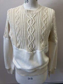 Mens, Pullover Sweater, B, Cream, Cotton, Polyester, Solid, M, L/S, CN, Cable Knit Upper Body, Poly-fleece Lower Body, Ribbed Cuffs & Hem