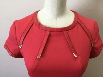 Womens, Dress, Short Sleeve, VERSACE, Red, Synthetic, Leather, Solid, W25, B34, Red Fitted Designer Dress. Short Sleeves, Leather Trim at Crew Neck and Sleeve Trim