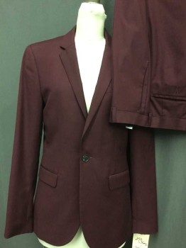Mens, Suit, Jacket, TOP MAN, Red Burgundy, Polyester, Viscose, Solid, 30/29, 36R, Single Breasted, 1 Button, Notched Lapel, 3 Pockets,