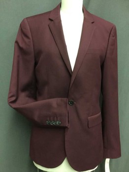 Mens, Suit, Jacket, TOP MAN, Red Burgundy, Polyester, Viscose, Solid, 30/29, 36R, Single Breasted, 1 Button, Notched Lapel, 3 Pockets,