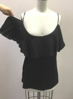ELLA MOSS, Black, Modal, Spandex, Solid, Off the Shoulder Top with Spaghetti Straps, Off the Shoulder Short Sleeves, Large Ruffle Across Neckline
