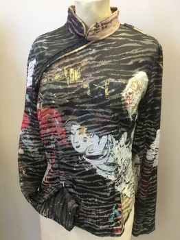 JUST CAVALLI, Black, Gray, Off White, Red, Blue, Polyester, Animal Print, Abstract , Black W/gray Tiger Stripes with Off White, Gold, Red, Blue Sky Japanese Woman, Chinese Style, Mandarin Collar Attached, W. Diagonal Hook Curve, Side Zip, Long Sleeves, Round Side Split Hem