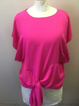 GIBSON LATIMER, Fuchsia Pink, Polyester, Solid, Poly Crepe, Wide Flutter Short Sleeves, Self Tie Panels at Waist
