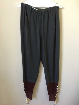 BABATON, Slate Gray, Maroon Red, Cream, Acetate, Polyester, Solid, Slate Gray Pant with Maroon Sweatpant Cuff, Gathered Elastic Waistband, Ribbed Knit Cuff, Cream Tie Through Side Slit Grommets