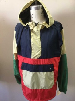 ELBOWGREASE, Navy Blue, Beige, Red, Green, Polyester, Color Blocking, Pullover, Hood, 1/4 Zipper with 2 Snaps, Kangaroo Pocket,