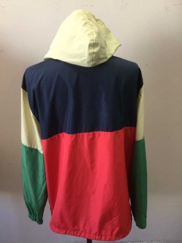 ELBOWGREASE, Navy Blue, Beige, Red, Green, Polyester, Color Blocking, Pullover, Hood, 1/4 Zipper with 2 Snaps, Kangaroo Pocket,